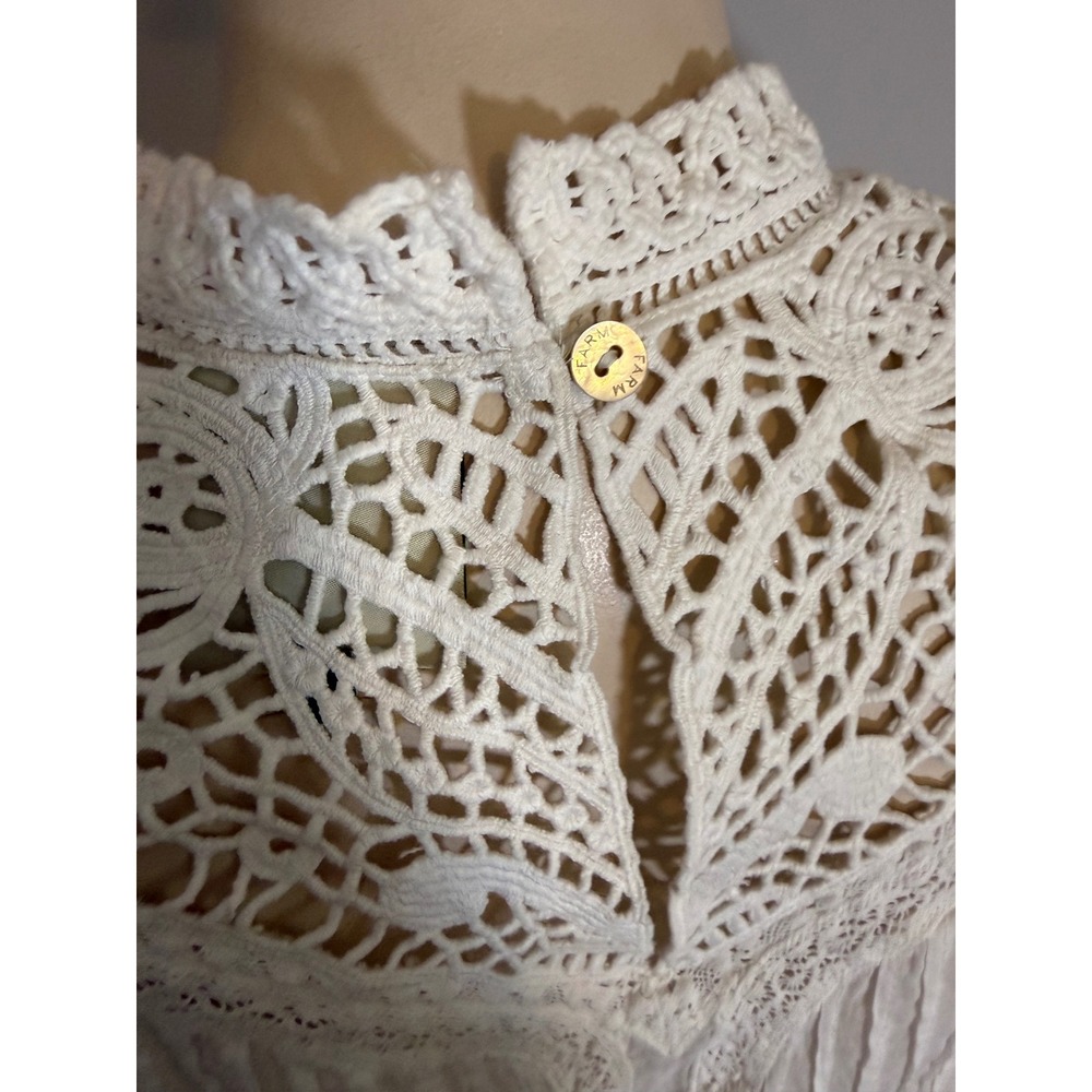 Farm Rio White Cotton Crochet Lace Pintuck Blouse Mock Neck Flutter Sleeve M - Picture 8 of 9